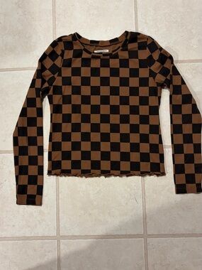 Grayson Threads Black and Brown Checkerboard Long-Sleeve Crop Top